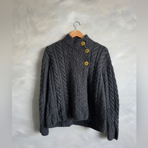 Aran Merino Wool Cardigan Sweater Women Cable Knit Button Neck Irealand XXL Gray - Picture 1 of 14